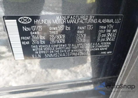 2023 Hyundai Santa Fe Sel z USA, uszkodzony, nr VIN 5NMS24AJ3PH642658